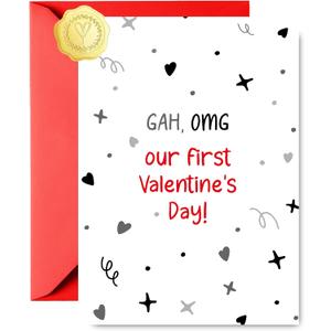 Funny First Valentines Day Card for Him Her, Cute Our 1st Happy Valentine's Day Card with Envelope & Sticker (5x7 IN, 1 Set) (Beige)