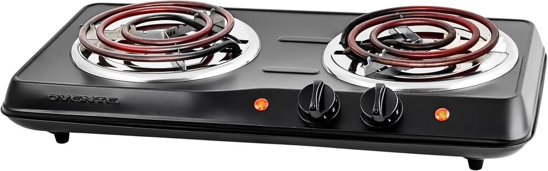 OVENTE Electric Countertop Double Burner, 1700W Cooktop with 6" and 5.75" Stainless Steel Coil Hot Plates, 5 Level Temperature Control, Indicator Lights and Easy to Clean Cooking Stove, Black BGC102B
