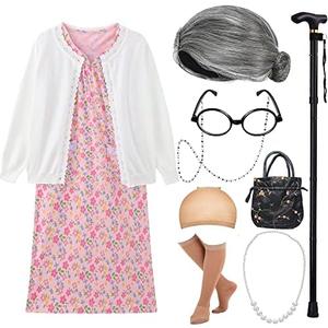 EBYTOP 2023 Old Lady Costume for Kids Granny Dress Halloween Accessories for Girl 7T