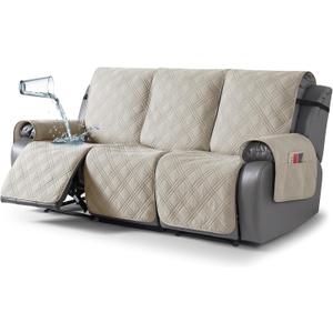 TAOCOCO 100% Waterproof Recliner Sofa Covers 3 Seater Split Couch Covers for 3 Cushion Reclining Couch with Straps, Non Slip Reclining Couch Covers Furniture Protector for Kids Pets(3 Seater, Cream)
