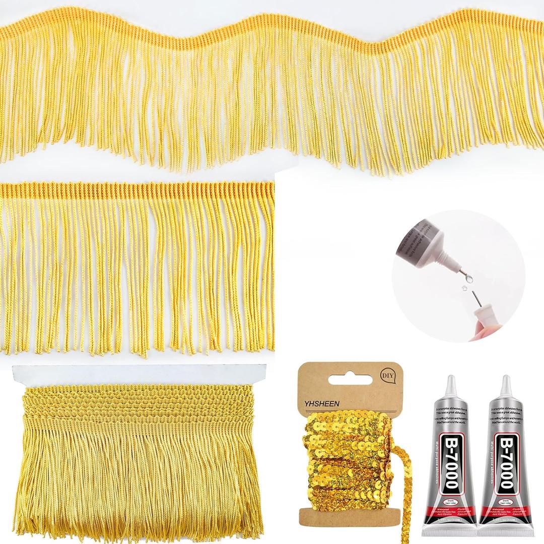 Gold Fringe, 5 Yards X 4 Inch Fringe Trim with B7000 Glue, Tassels Trim for Crafts, Polyester Fibre Sewing Fringe Trim(Gold)