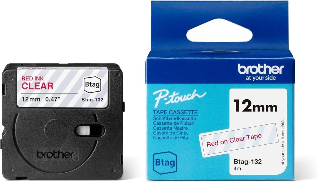Brother Genuine P-Touch Btag BTAG132 Red on Clear Label Tape ~1/2in by 13.1ft (12mm x 4m)