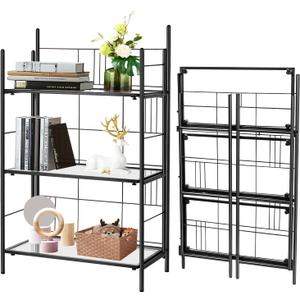 No Assembly Bookshelf, 3 Tier Stylish Black Folding Book Shelf, Foldable Bookcase with Glass Shelf, Small Collapsible Display Case Storage Organizer for Bedroom, Living Room