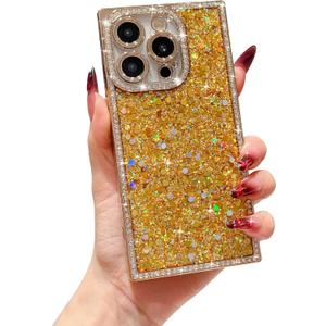 Owncase for iPhone 15 Pro Case Glitter, Crystal Diamonds Shiny Bling Sparkly Electroplated Edge Shockproof Soft TPU Bumper Phone Case for Women Girls, Gold