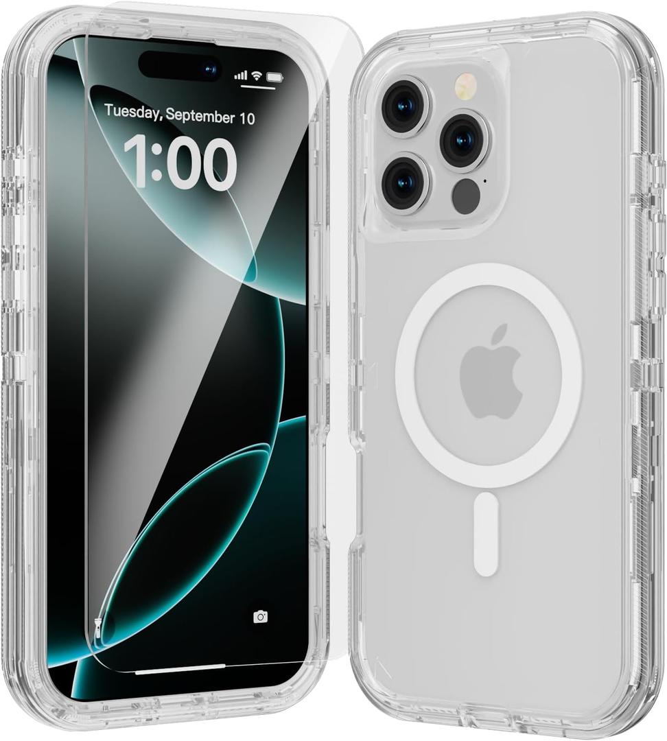 for iPhone 16 Pro Case, Fits Magsafe,Heavy Duty Shockproof Protection Phone Cases with Screen Protector*1, Magnetic Transparent Protective Cover for iPhone 16 Pro 6.3 '', Clear