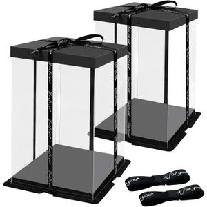 2PCS Clear Gift Boxes Transparent Gift Cake Box, 6.8 * 6.8 * 11.5 inch Transparent Display Case Gift Boxes with Base, Lid & Ribbon for Wedding, Birthday, Christmas, Thanksgiving, Party