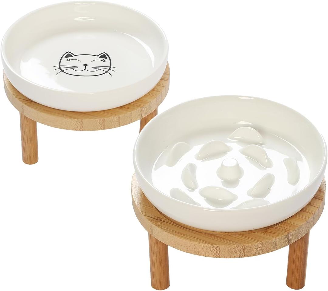 Raised Slow Feeder Cat Bowl, 5.9 Inch Wide Shallow Ceramic Elevated Glass Food Bowl Puzzle Feeders, Anti Vomit Cat Dish, Whisker Friendly Pet Plates Feeding Station for Indoor Cats, Kitten(2 Set) (White)
