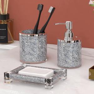 SHYFOY Bathroom Accessories Set, 3 Piece Silver Crystal Crushed Diamond Bathroom Accessory Decor Sets, Glass Bath Restroom Set Vanity Organizer Includes Soap Dispenser, Toothbrush Holder, Soap Dish