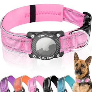 AgoumLux Upgraded AirTag Dog Collar, IP68 Waterproof Dog Collar with Apple Air Tag Holder, Reflective Adjustable Heavy Duty Dog Collars with Soft Padded for Small, Medium and Large Dogs,Pink, L