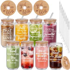 Tioncy 8 Pcs Christian Gifts for Women 16oz Bible Verse Coffee Drinking Glass Cups with Bamboo Lids Straws Brushes Inspirational Religious Gifts for Church Christian Party Favor