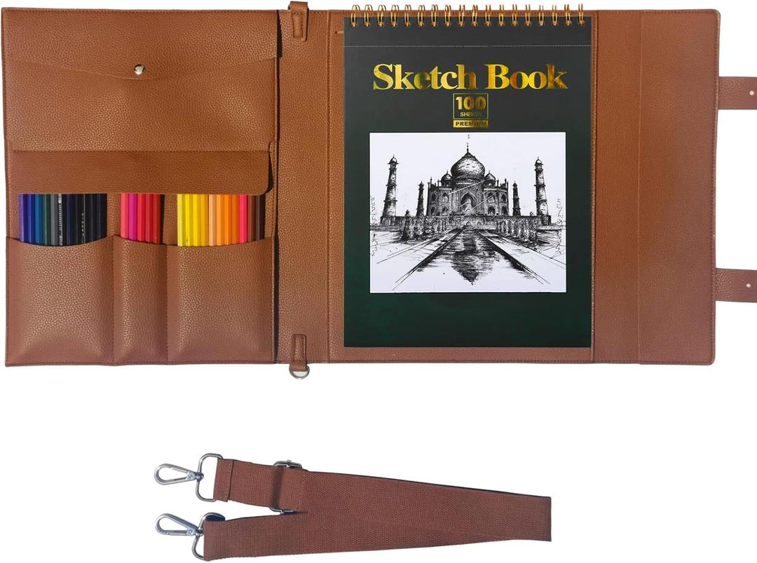 Leather Sketch Book Cover, Leather Sketchbook Holder for 9"x12", Travel Sketch Board Pad Pencil Holder, Drawing SketchBook Cover Pencil Case, Painter Artist Sketch Pad Holder (Large)