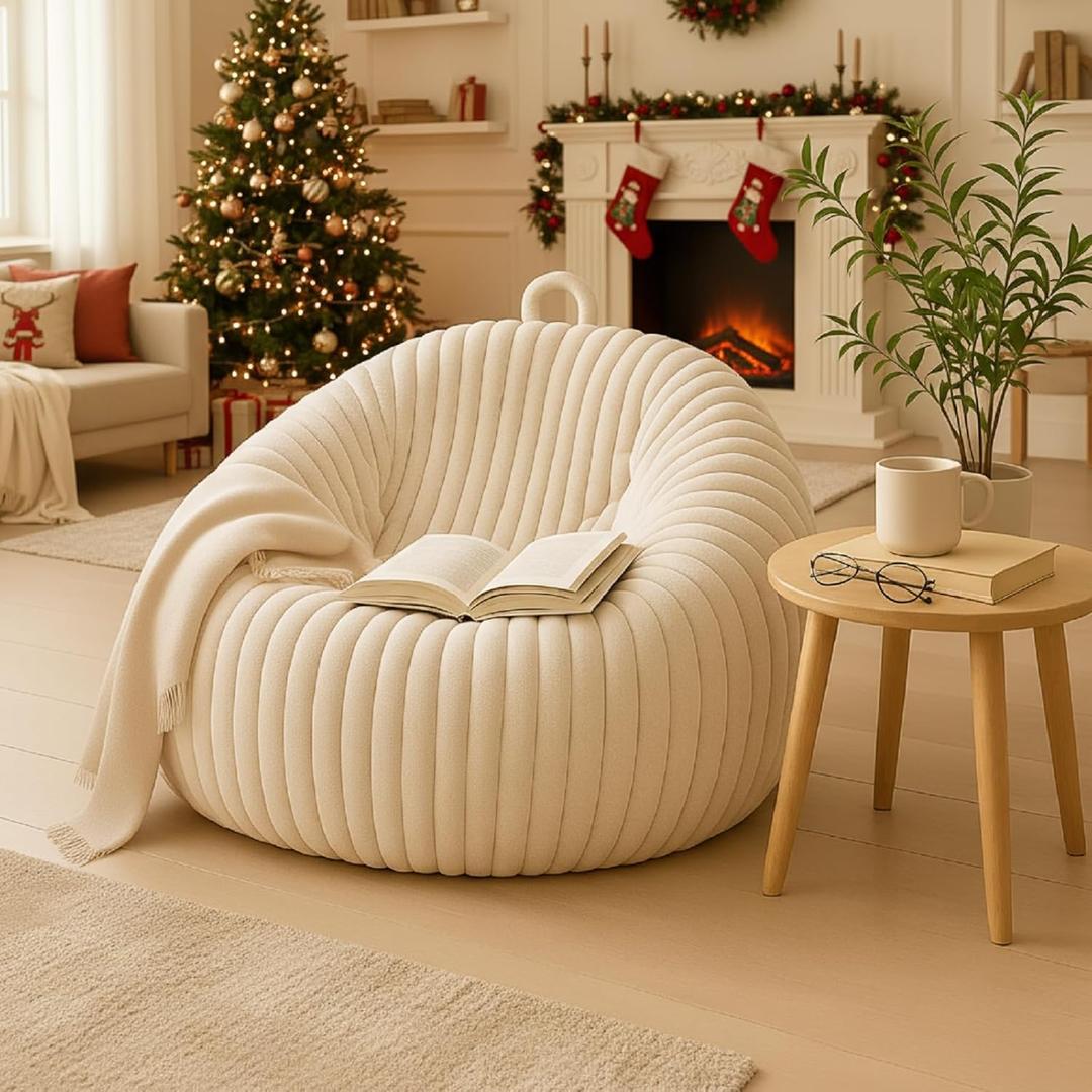 Honeydak Ribbed Rabbit Fur Stuffed Animal Storage Bean Bag Chair Cover (No Filler) Comfy Bean Bag Cover Without Filling or Home Bedroom Decor Organizing Plush Doll Textile Holder(Creamy White, L)