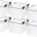 IRIS USA 32 Quart WEATHERPRO Plastic Storage Box with Durable Lid and Seal and Secure Latching Buckles, Clear with Black Buckles, 6 Pack