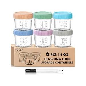 DRKIO 6 Pack Glass Baby Food Storage Containers  4 Oz Baby Food Jars with Lids Baby Food Maker Microwave Dishwasher Freezer Safe 100% Leak Proof BPA Free Reusable