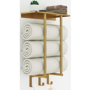 Towel Rack with Metal Shelf and 3 Hooks, Bethom Towel Racks for Bathroom Wall Mounted, Metal Gold Bath Towel Holder Storage Wall for Small Bathroom (Round Tube)