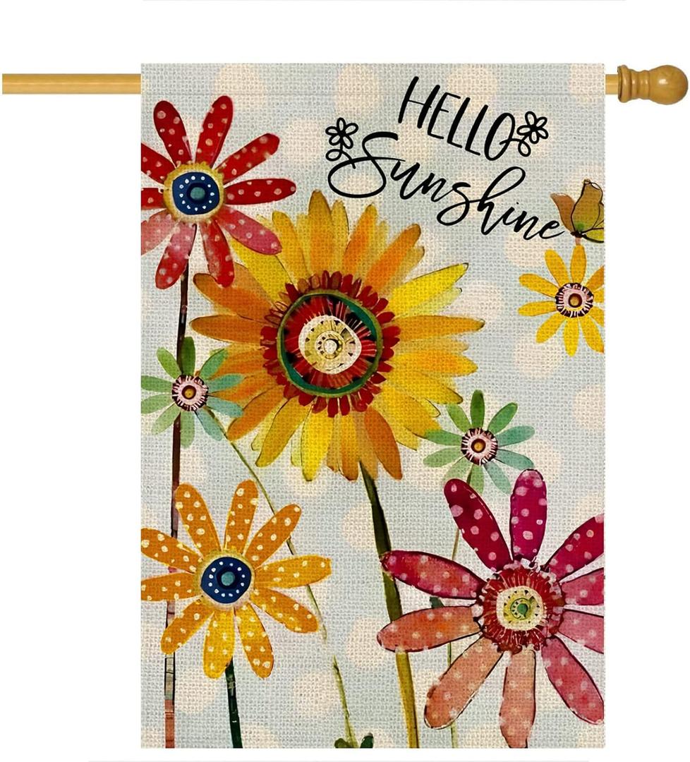 Summer Flowers House Flags for Outdoor, Hello Sunshine Sunflower Daisy Yard Flags for Outside,Seasonal Decorative Flag for Spring Farmhouse Holiday Decoration 28x40 Inch Double Sided