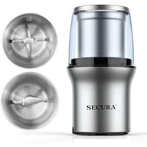 Secura Electric Coffee Grinder and Spice Grinder with 2 Stainless Steel Blades Removable Bowls