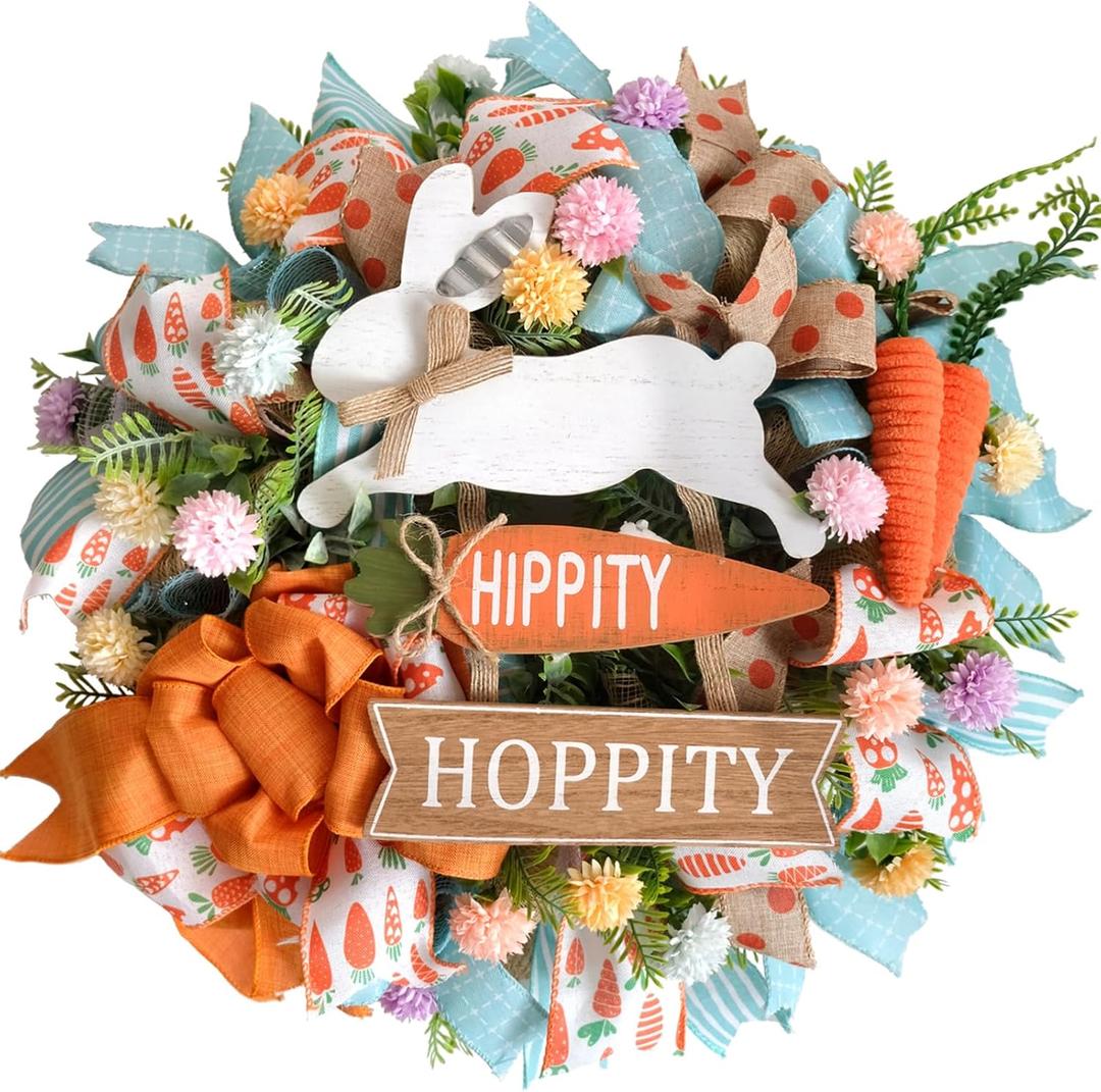 TEMPUS 18" Easter Mesh Wreath for Front Door - Handmade Carrot & Bunny Sign Spring Decor with Burlap Bow - Pastel Blue Orange Farmhouse Door Hanger