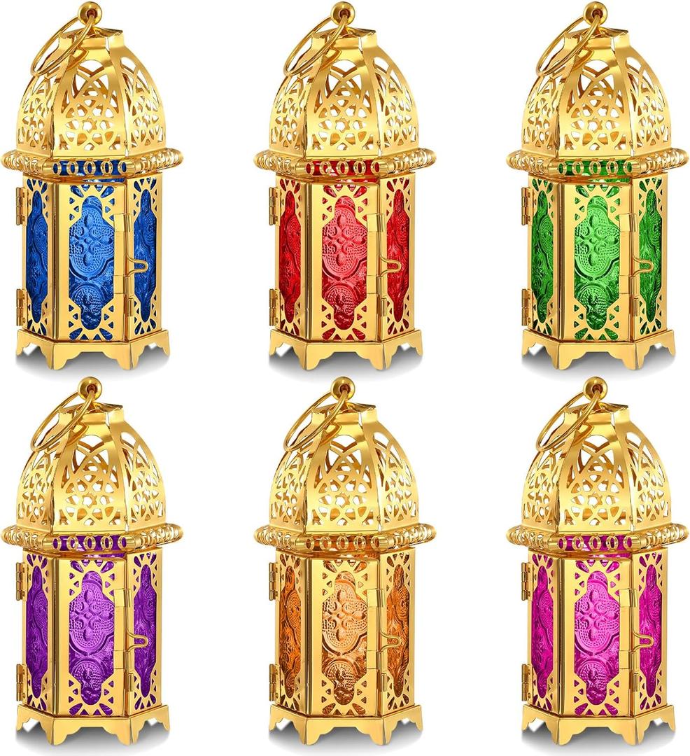 Mumufy 6 Pcs Ramadan Lantern Ramadan Decorations for Home Gold Moroccan Lamp Decor Vintage Lanterns Decorative Eid Mubarak Hanging Candle Lantern for Eid Party Decor (Gold)