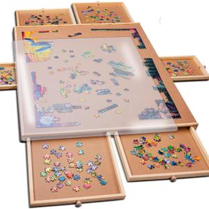 PlayVibe Puzzle Locker 1500 Piece Puzzle Board with Drawers and Cover - Jigsaw Solve Station - Sturdy Jigsaw Puzzles Table with 6 Drawers 27" x 35" - Portable Wooden Tray, Puzzles Accessories (1500 pcs)