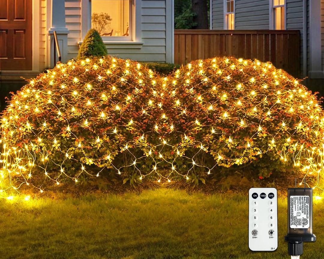 JMEXSUSS Outdoor Net Lights Waterproof, 12ft x 5ft Plug in with 8 Modes Remoter, 360 LED Net Lights for Bush Patio Christmas Tree Decor (Clear Wire, Warm White)
