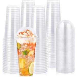 Lilymicky 60 Sets 24 oz Clear Plastic Cups with Dome Lids, 24 oz Disposable Plastic Drinking Parfait Cups for Ice Coffee, Smoothie, Frappuccino, Bubble Boba