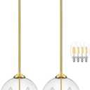 10" Gold Pendant Lights 2 Pack Glass Globe Pendant Light Fixture Bedroom Mid Century Modern Pendant Lighting Brass Pendant Light for Kitchen Island Bedroom Living Room (Bulb Incl.)