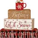 4 Pcs Christmas Decorations Indoor - Wooden Cocoa Table Decoration for Home - Christmas Centerpiece For Table - Winter Tiered Tray Decor Rustic Farmhouse Xmas Gift for Home Kitchen Mantel