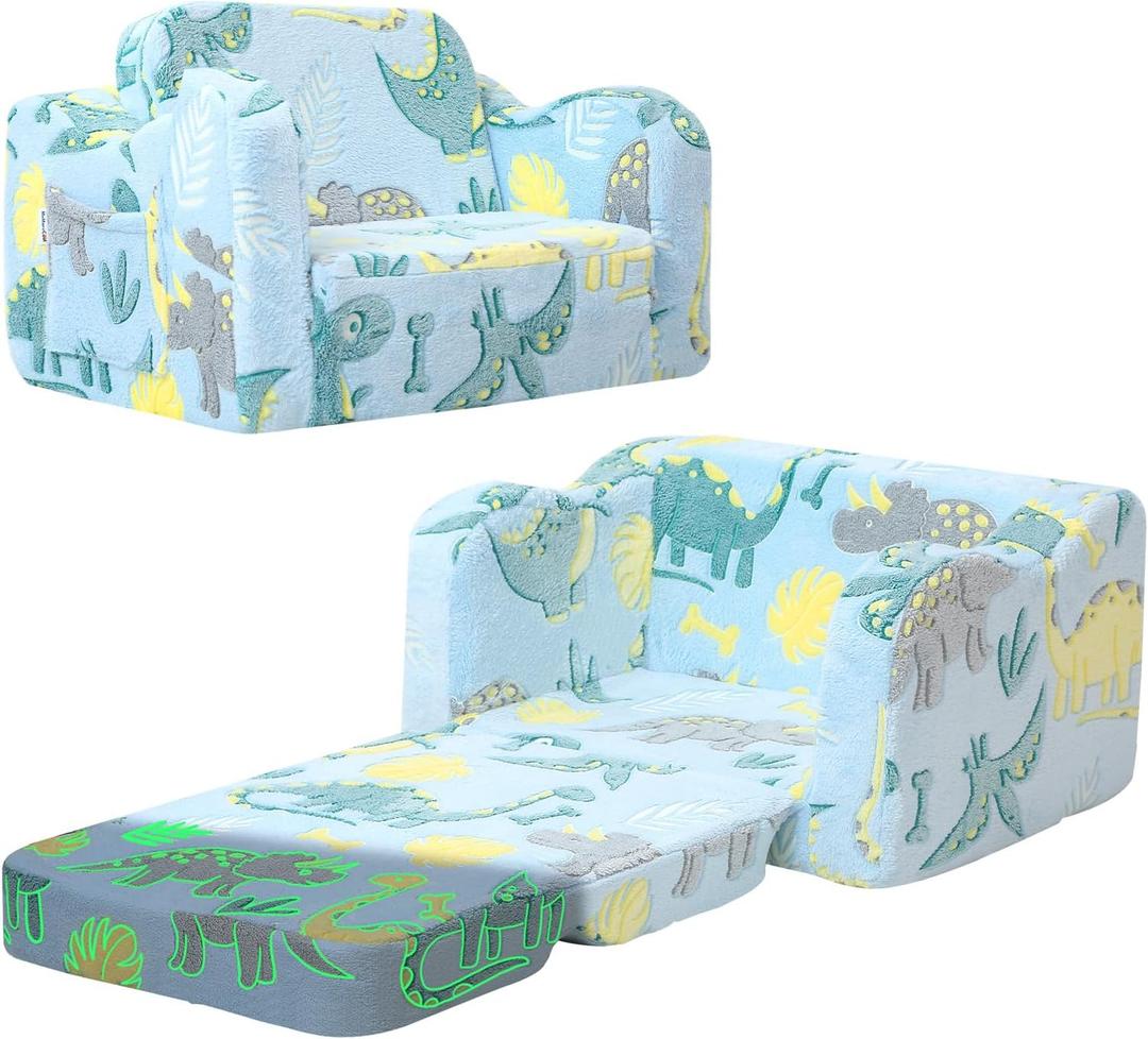 MeMoreCool Glowing Dinosaur Kids Chair, 2-in-1 Convertible Kids Couch Fold Out to Lounger, Glow-in-the-Dark Dino Sofa for Boys Ages 1-3, Soft Foam Flip-Out Seat with Washable Cover, Sky Blue | Reading, Relaxing