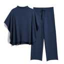 SeeLuNa Women's Two Piece Outfits 3/4 Batwing Sleeve Capelet Crew Neck Pullover Top Wide Leg Pants Lounge Set(Navy,M)