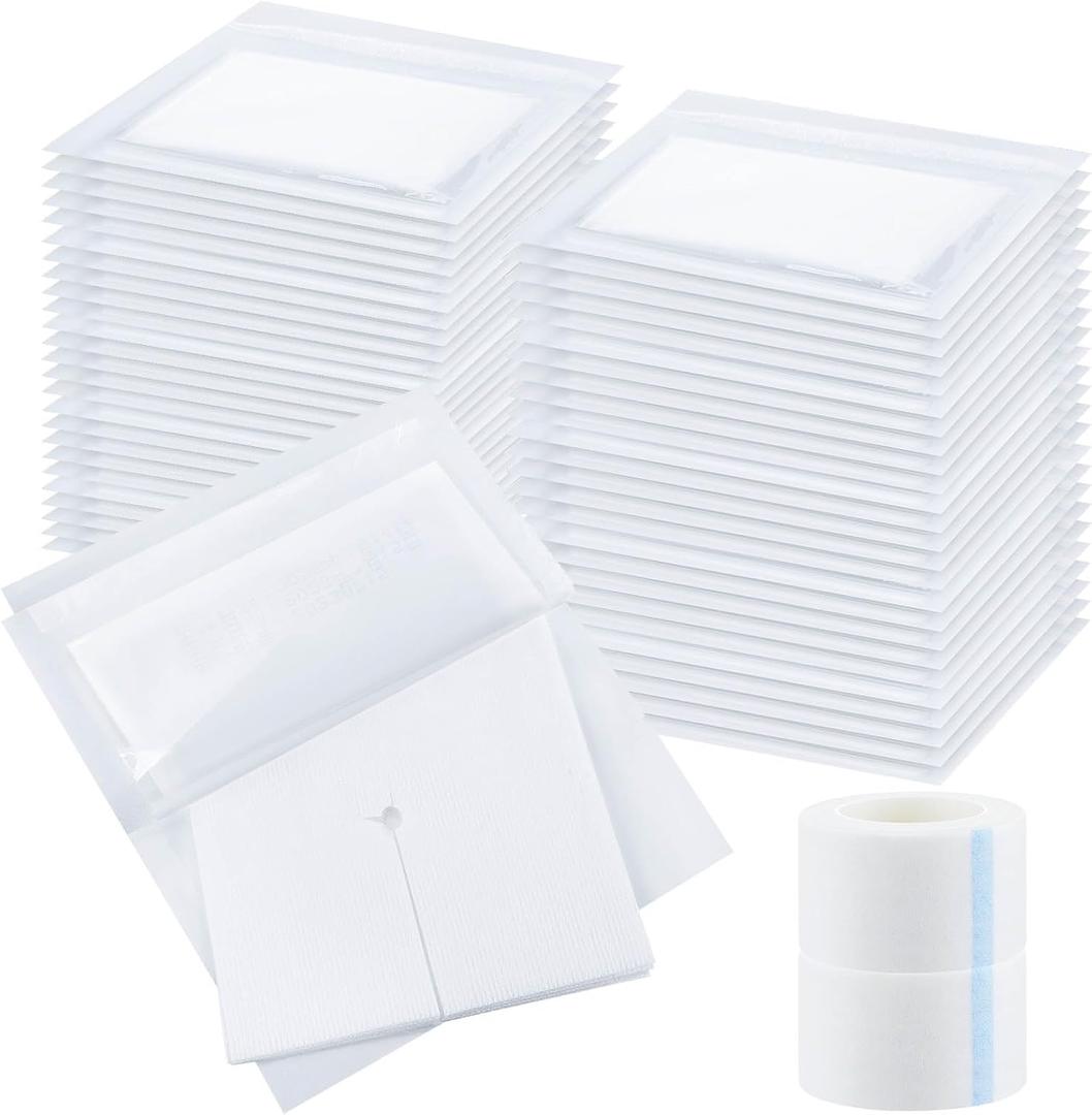 Timgle 200 Pcs 4" x 4" Split Gauze Pads 6 Ply Split Drain Sponge Gauze Non Woven Slit Bandage Sponges with 2 Roll of Tape for Wound Care Tubes Drains Supplies Timgle 200 Pcs 4" x 4" Split Gauze Pads 6 Ply Split Drain Sponge Gauze Non Woven Slit Bandage Sponges with 2 Roll of Tape for Wound Care Tubes Drains Supplies