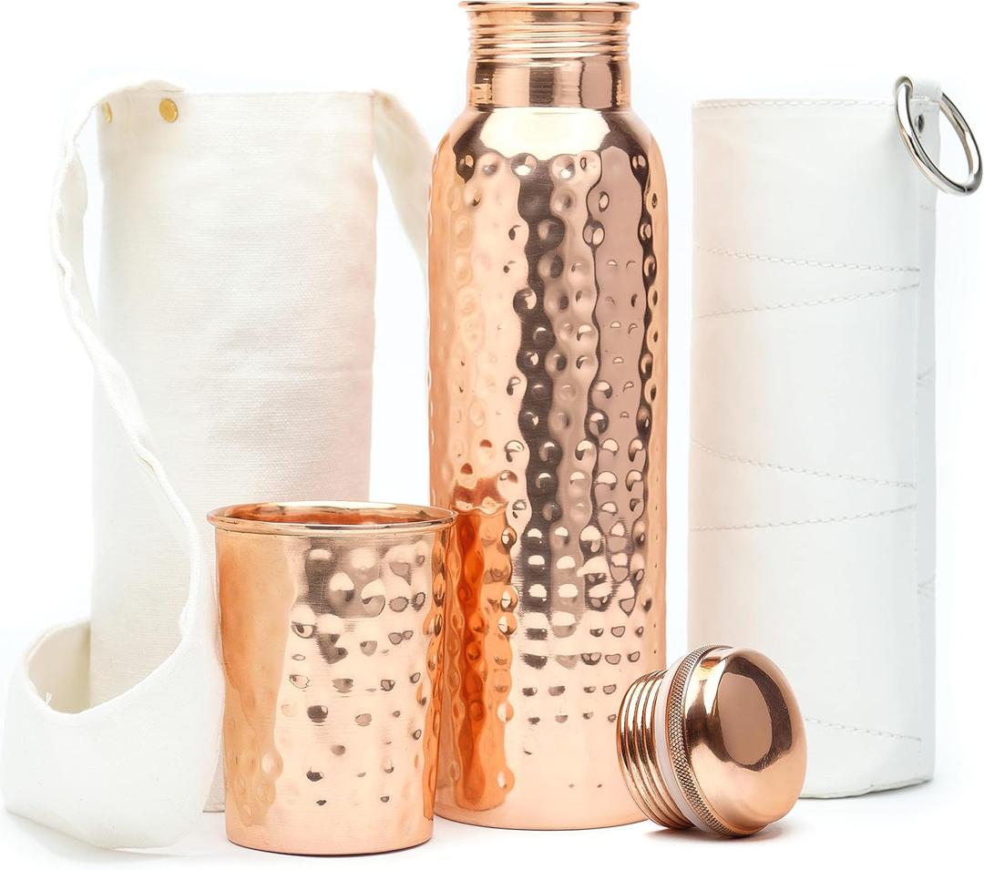Authentic Ayurvedic Copper Water Bottle (34oz/1000 ml) w/Copper Tumbler for Drinking Water, Carrying Bag & Deco Sleeve | Lab-Tested, Leak-Proof