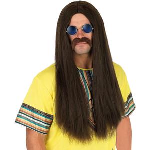 fun shack Hippie Wigs For Men, 60s Hippie Costume Accessories, Wig And Mustache Set, Halloween Costume Gear, One Size (Brown)