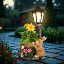 Solar Bunny Garden Stalue Outdoor, Rabbits Figurine Flowerpot Decolwith Solar Lantem for Yard Art Lawn Ornaments Porch Patio Balcony - Gardening Gifts for Women Mom