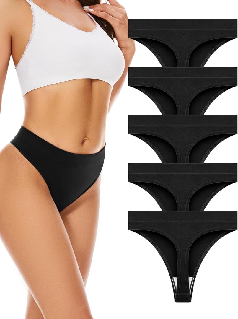 voenxe Seamless Womens Thong Underwear,High Waisted Tanga Woman No Show Panties,Breathable Workout Comfortable Undies,5 Pack (Medium, Black)