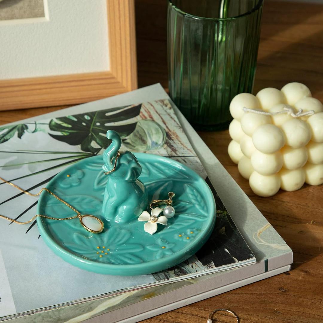 Artistic Ceramic Elephant Jewelry Tray Holder - Elegant Hand-Painted Trinket Dish for Rings, Earrings, Necklaces, Decorative Organizer Bowl for Dresser, Nightstand, Bathroom Counter Top