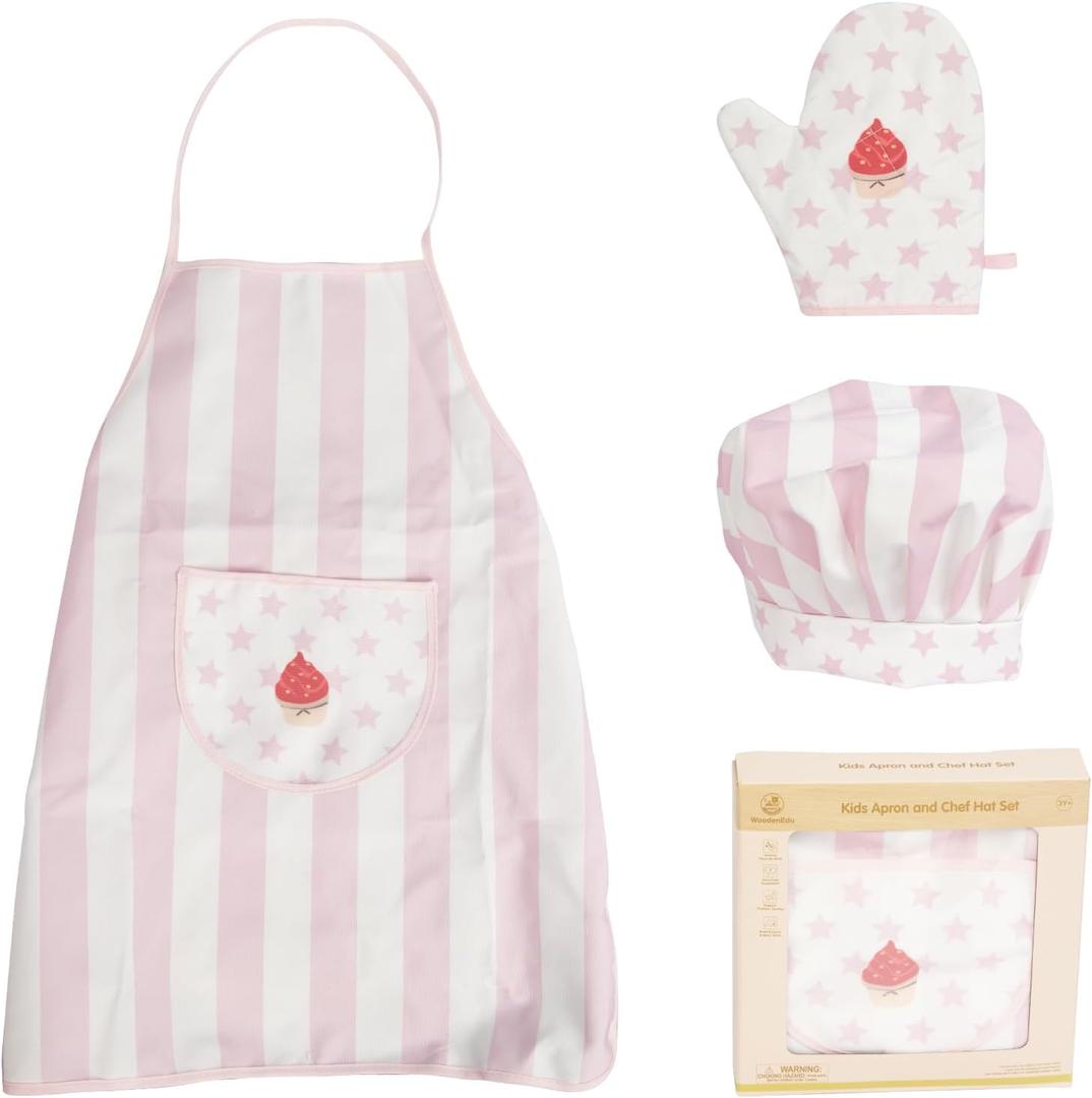 Kid Apron and Chef Hat Set, 3 Pcs Children Cooking Baking Set Kits Role Play Chef Toy Kid Cooking Gift for Girls Boys (Pink)