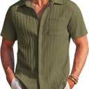 COOFANDY Mens Casual Shirts Short Sleeve Button Down Shirts Fashion Textured Summer Beach Shirt (XL, Army Green)