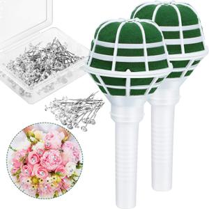 Bride Flower Bouquet Holder Wedding Bridal Foam Floral Handle Holders for Bride Artificial Flowers Decoration with 50 Pieces Wedding Bouquet Pins(2 Pieces)