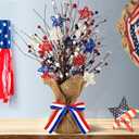4th of July Artificial Tree Tabletop Decor Patriotic Tree Red Blue White Artificial Berry Stem Picks Star Shaped Rattan Balls Decor Burlap Base Farmhouse Tree for Independence Day Home Party Wedding