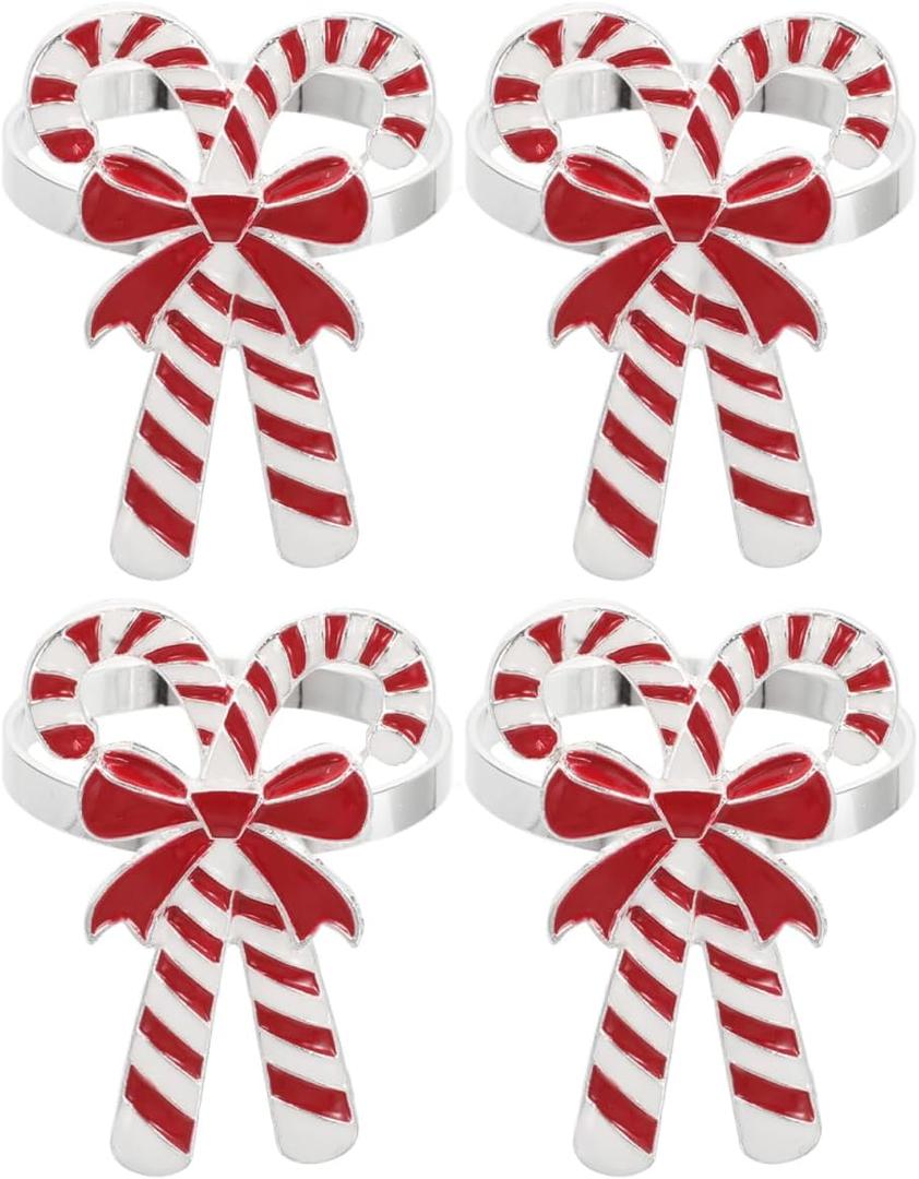 DOITOOL Christmas Napkin Ring Set of 4: Candy Cane Napkin Rings Metal Christmas Holder Holiday Ring Holders Buckle for Dinning Table Decoration