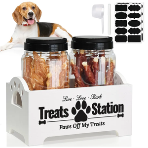 Dog Treat Container Dog Food Container for Dog Food Storage, Farmhouse Cat Food Container Pet Food Storage Organizer, Wood Dog Treat Holder with 2 Plastic Cat Dog Treat Jars, White Cat Treat Container