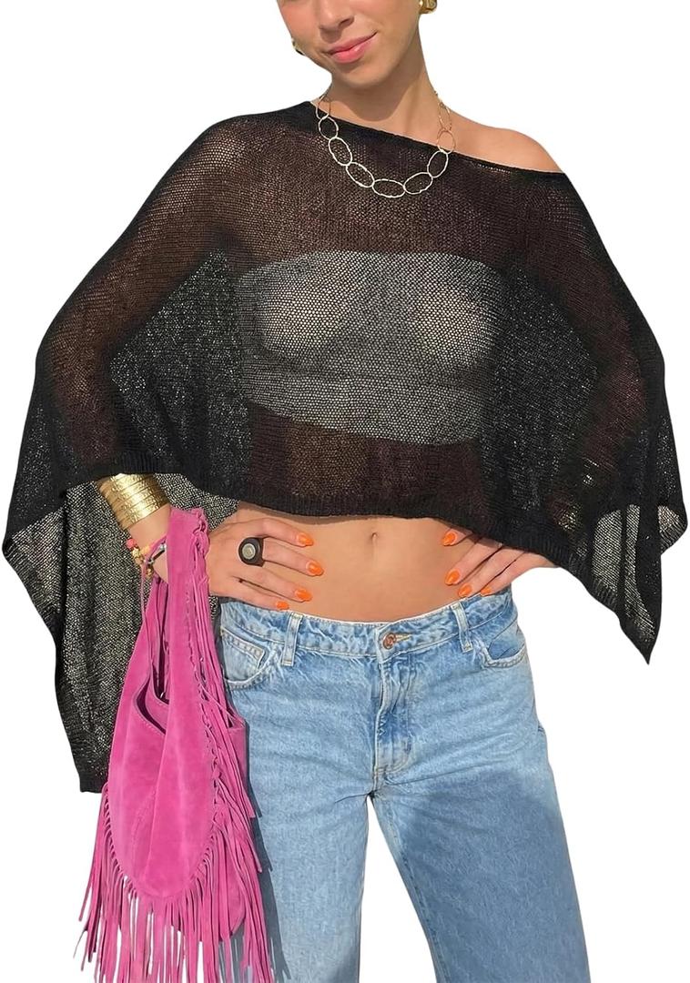 Women Sheer Poncho Top Knit Crochet Lightweight See Through Shawl Summer Shrug Beach Cover Up (Black, M)