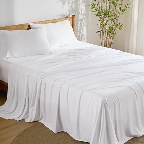 Bedsure King Size Sheet Set, Cooling Sheets King, Rayon Derived from Bamboo, Deep Pocket Up to 16", Breathable & Soft Bed Sheets, Hotel Luxury Silky Bedding Sheets & Pillowcases, White