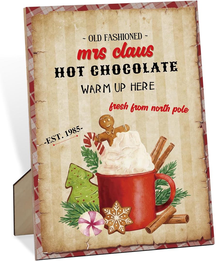 2 x Christmas Hot Chocolate Bar Sign, Hot Cocoa Bar Accessories, 8 x 11 Inch Vintage Gingerbread Cookies Wood Plaque for Table or Wall Hanging, Christmas Coffee Station Decor for Home Kitchen