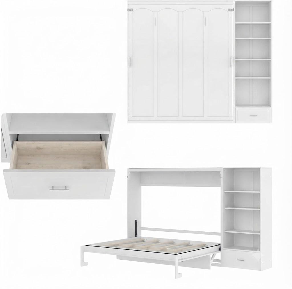 Merax Queen Murphy Bed with 3 Height Adjustable Storage Shelves & 1 Drawer, Wall Bed Frame Multifunctional Foldable Platform Bed for Small Space, Bedroom, Guest Room, Bear 500LBS (White)