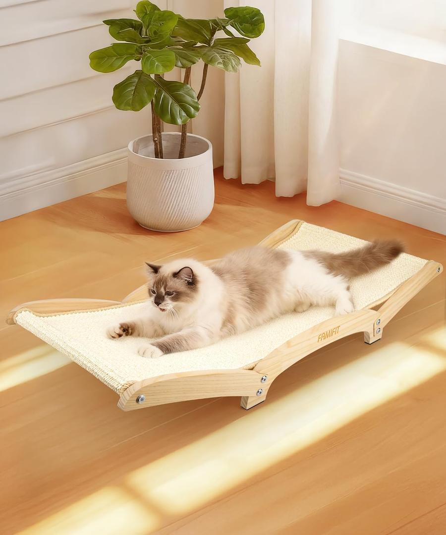 Cat Scratcher Bed with Sisal & Solid Wood Base, Extra Large Cat Scratch Pad for Scratching, Lounging & Sleeping, Stable Anti-Tip Design, Paint-Free & Eco-Safe, Easy Assembly, 34