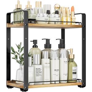 Delamu 2-Tier Bathroom Counter Organizer, Wood Vanity Organizer Countertop for Skincare & Makeup, Multi-Purpose Vanity Bathroom Shelf for Coffee Station Kitchen Storage and Organization