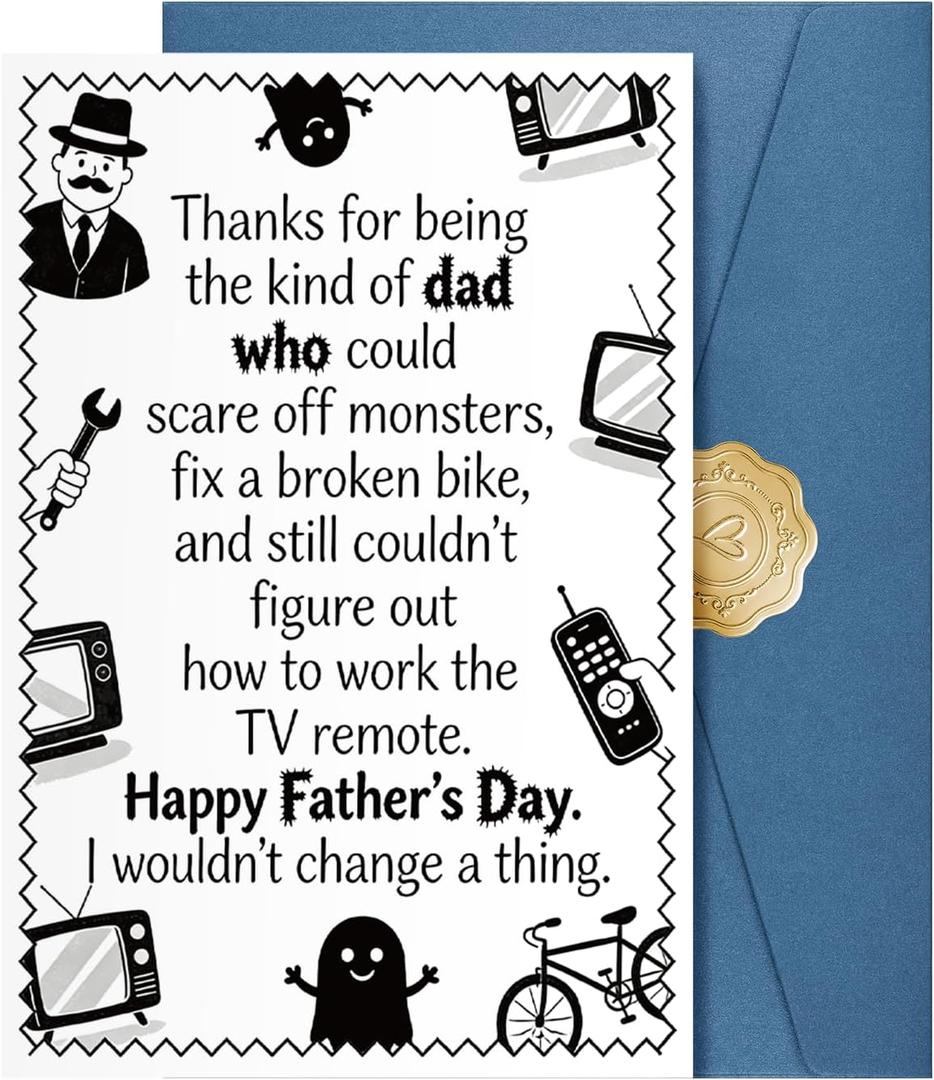 4 x JWSCYSY Funny Father's Day Card for Dad, Fathers Day Gift from Son, 5.3x8 Folded Card with Envelope & Sticker Happy Fathers Day Decorations.