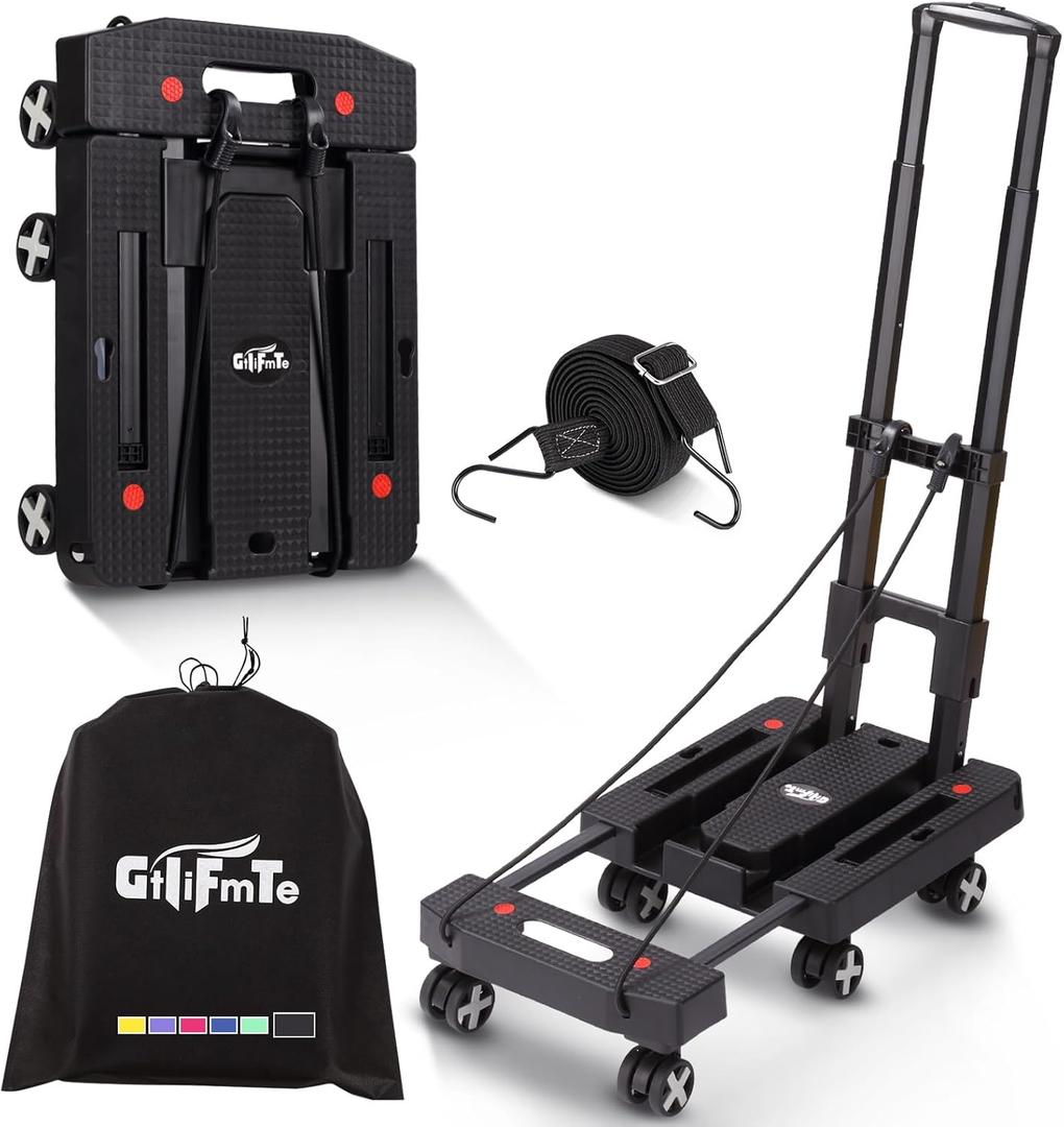 Folding Hand Truck Lightweight Hand Truck Dolly Foldable,Luggage cart with 6 Rotate Wheels, Utility Cart with Adjustable Handle,Collapsible Dolly for Moving (Black)